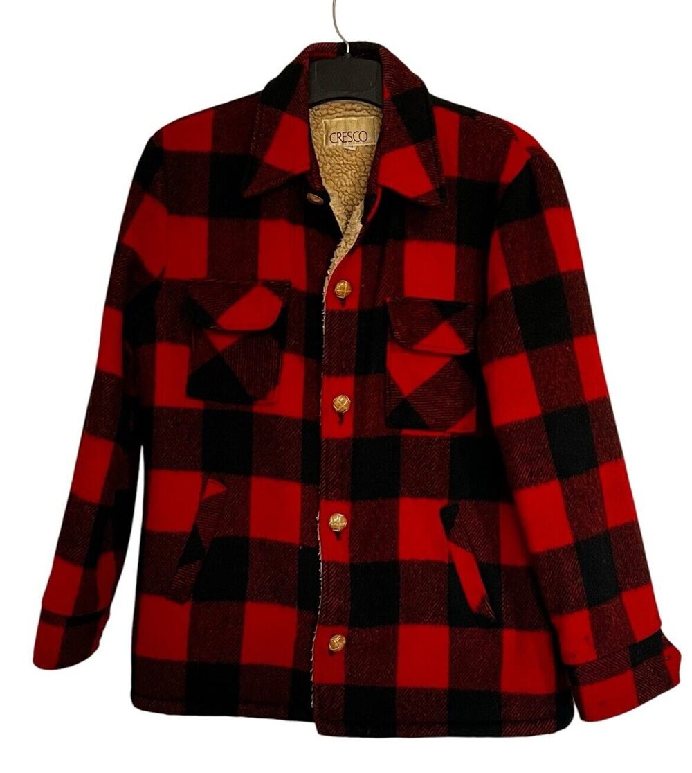 Vintage Cresco 1970s Men's Size M Red Black Jacket Plaid Sherpa Lined